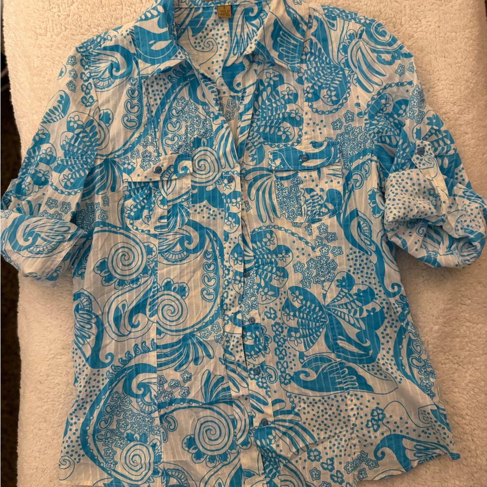 Peck & Peck Weekend White and Turquoise Floral Button-Up Blouse